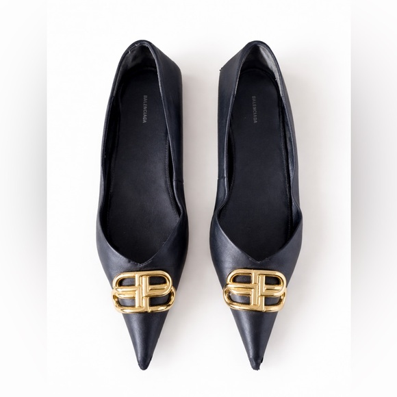 Balenciaga BB Knife Black Leather Gold Logo Ballet Flats 40